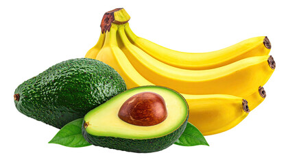 Grouping of tropical fruit; avocado and banana bunches on black