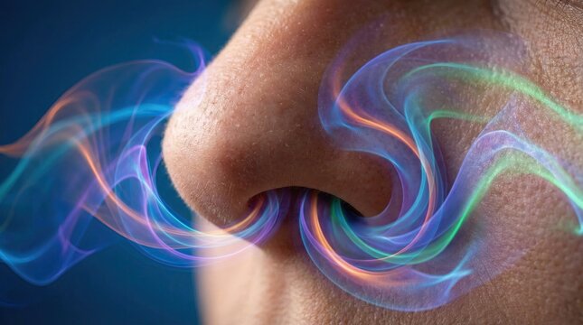 Nose with abstract waves for olfaction concept. A creative depiction of swirling colors around a nose.
