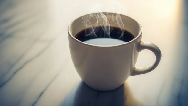 Steaming hot coffee in a white ceramic mug on a marble surface.
