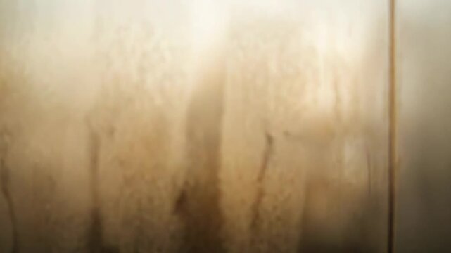 Steamy golden glass surface features vibrant water condensation, creating an intricate abstract texture and diffused warm light across the opaque background
