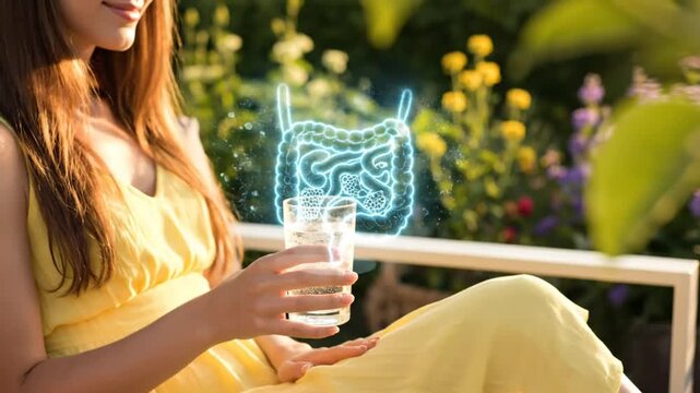 Woman enjoying a glass of water, illustrating healthy digestion and gut health in a relaxing garden setting