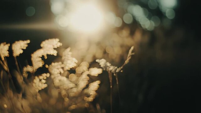 Reeds in a field gently blowing in the soft breeze, illuminated by the warm golden glow of the sun during sunset, creating a serene and natural outdoor scene