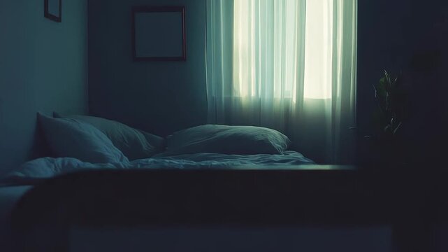 Unmade bed with rumpled sheets and pillows in a dimly lit bedroom, natural light filtering through sheer curtains, creating a serene and introspective atmosphere