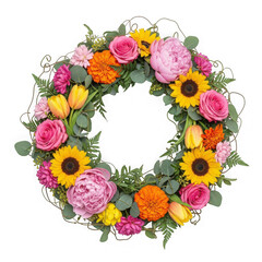 Vibrant flower wreath with sunflowers and roses isolated on white background