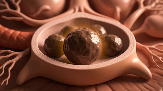 Abstract illustration of spherical objects in a shallow container