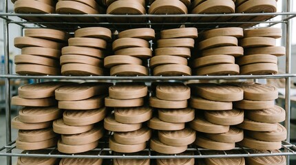 Many light brown shoe soles stacked on metal shelves. Manufacturing process for footwear. Footwear industry and production concept.