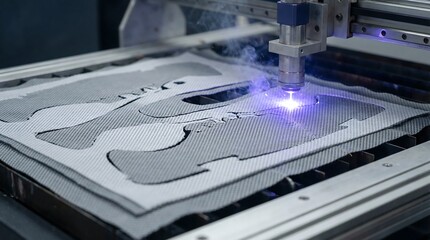 Laser engraving machine cutting fabric with purple light and smoke. Automated industrial process technology for precision manufacturing.