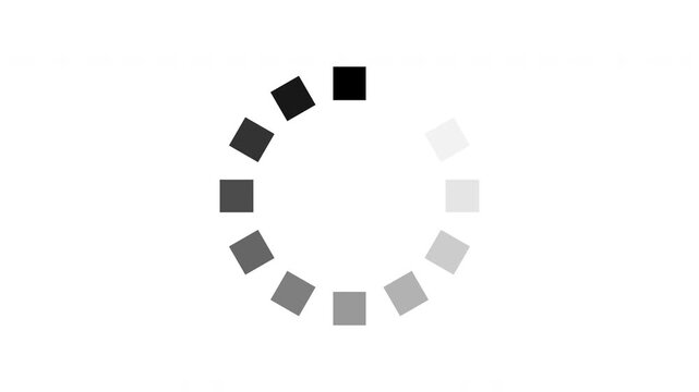 A blinking loading icon with multiple squares, displayed in sequence on white, black, and transparent backgrounds.