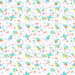 Seamless winter bird pattern with cute blue tits pine cones berries and snowflakes, playful hand drawn Christmas illustration for textile wrapping and holiday decor © Nataliia