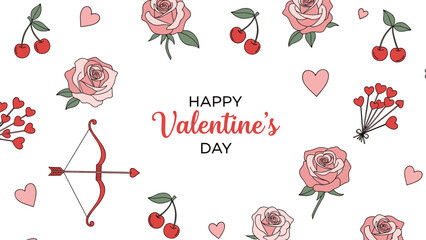 Fototapeta premium Festive Valentine's Day greeting with roses, hearts, cherries, and Cupid's bow surrounding the central message for romantic celebrations.