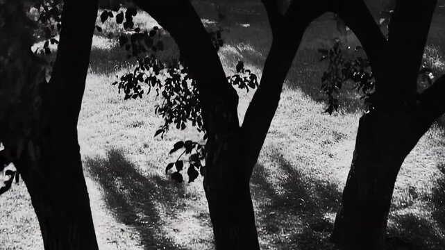Three strong tree trunks standing tall with dark silhouettes, creating bold patterns of long shadows spreading across the sunlit grass in a high contrast natural scene