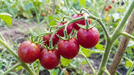 Red cherry tomato cluster with water drops on vine. Fresh organic vegetable from home garden for healthy food and cooking.