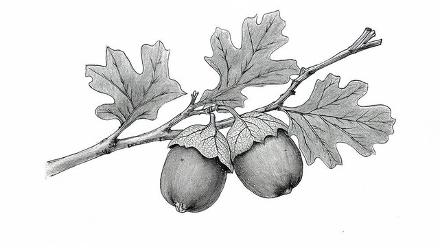 Vintage oak branch illustration: Botanical drawing of oak leaves and acorns on white