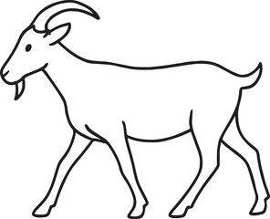 Obraz premium Minimalist black line drawing of a walking goat in profile view, curved horns and beard visible, clean and stylized, isolated on white.