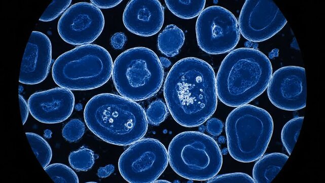 Abstract microscopic view of cellular structures against black background