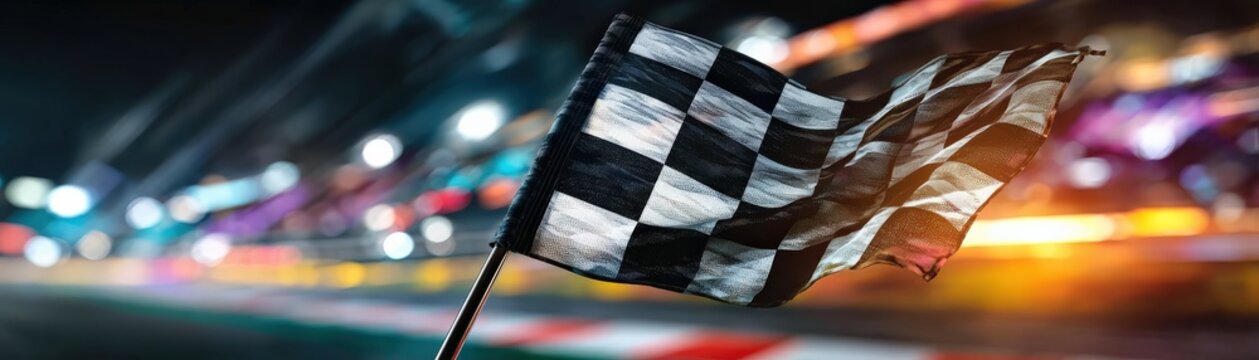 A dynamic close-up of a checkered flag fluttering at a racetrack, capturing the thrill of motorsport and the excitement of racing.