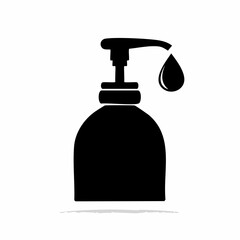 Fototapeta premium Black silhouette icon of a liquid soap dispenser with a push pump mechanism releasing a falling drop over a clean white background