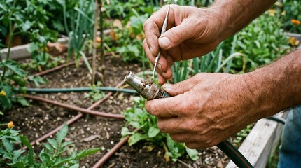 Man cleaning clogged garden hose nozzle with tool in dirt covered vegetable bed. Maintenance and repair of watering equipment for gardening.