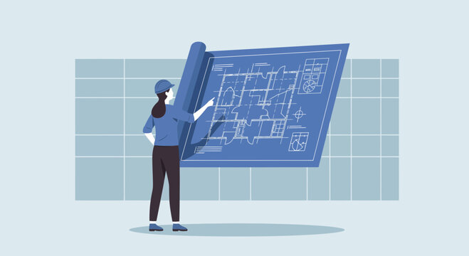Engineer Reviewing Large Architectural Blueprint Plan.