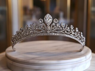 The diamond tiara, displayed on a marble pedestal, looked incredibly valuable.
