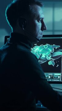 Soldier in a dimly lit military control room, intensely focused on multiple computer screens displaying crucial operational drone data.