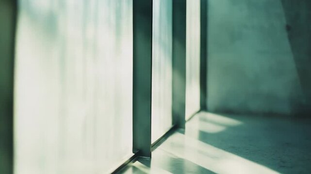 Bright sunlight streaming through an architectural window casts distinct parallel shadows and reflections on a polished floor, minimal interior evoking calm, hope and new beginnings
