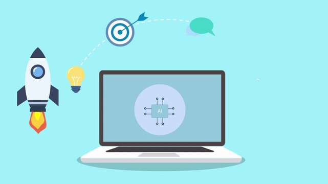 Flat illustration of a laptop with innovation hub icon, rocket, target, lightbulb, and chat bubble, representing startup growth, digital marketing, creative strategy, and online communication.
