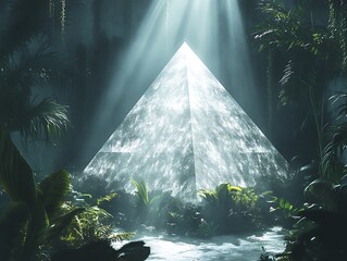 The mysterious, transparent glass pyramid in the forest, with light shining down, seems powerful.

