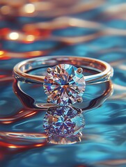 A stunning diamond ring was displayed on a ripple-like surface with reflections.
