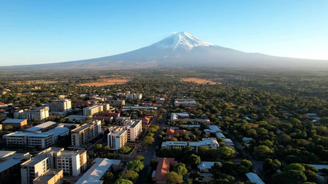 Aerial View of Urban Cityscape with Road and Lush Green Trees, Mountains in the Distance, Daytime