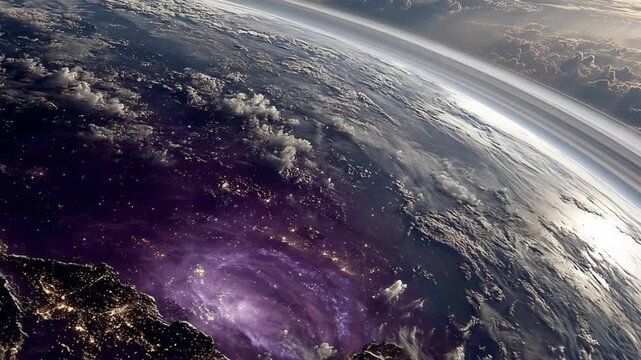 Earth from space aerial view of planet with atmosphere and city lights
