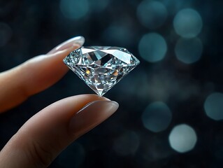 A close-up of fingers holding a perfectly cut diamond.
