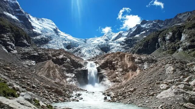 Scenic waterfall cascading from a glacier into a rushing river in a mountainous landscape under a bright blue sky
