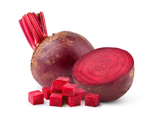 Fresh red beetroot with half cut and cubes isolated on white.