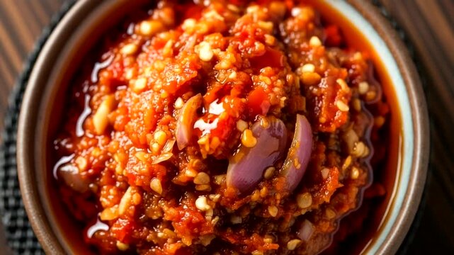 Spicy red chili sauce in a bowl on a wooden table