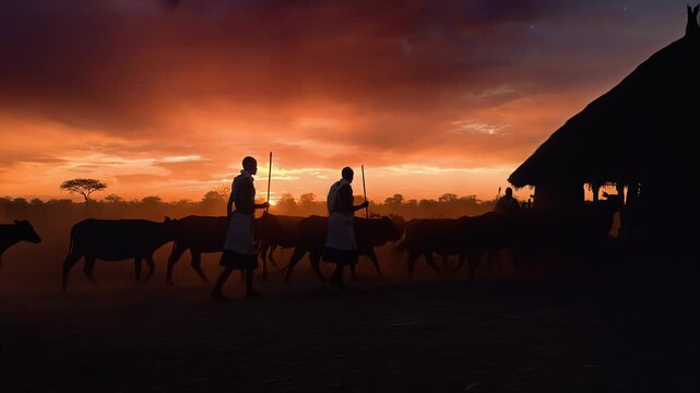 African Herdsmen and Cattle Silhouette at Sunset