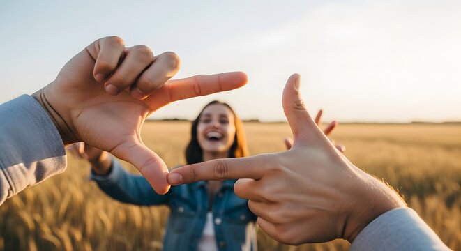 Young woman laughing in a golden wheat field, hands framing her for a love photo taking concept, envisioning a joyful future