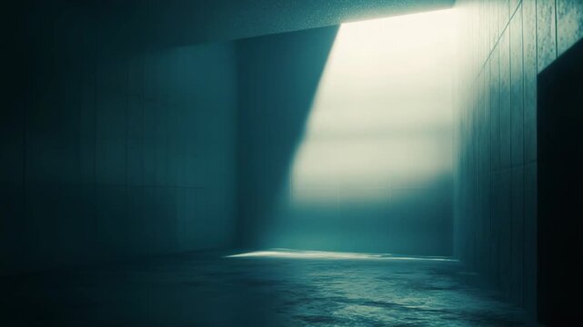 Light beam entering a dark, mysterious, and abandoned concrete room, illuminating a dust filled atmosphere and a wet floor, symbolizing concepts of hope, escape, and the unknown path forward