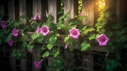 Close‑Up of Ipomoea purpurea Morning Glories Twining Up a Rustic Background flowers in the window
