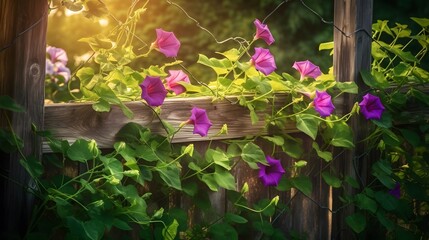 Purple Morning Glory Flowers and Twining Vine on Weathered Wall &mdash; Garden Scene purple flowers in a garden