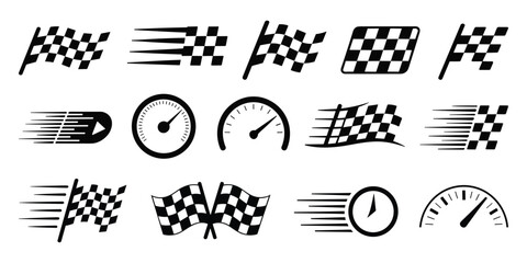 Racing checkered flag and speedometer icons set motorsport vector © Vector Vander