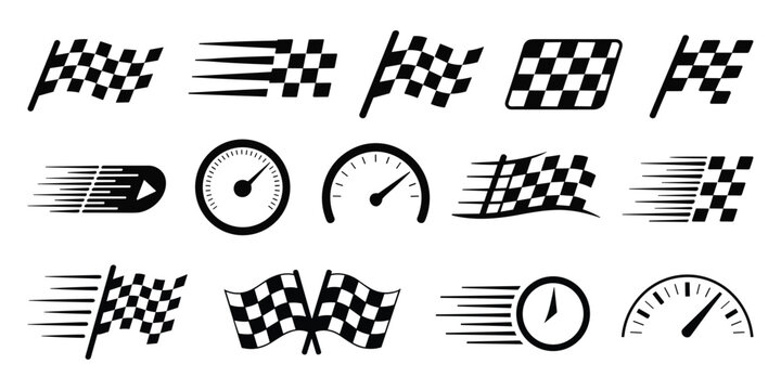 Racing checkered flag and speedometer icons set motorsport vector