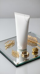 White Cosmetic Tube on Mirrored Tray with Gold Jewelry.