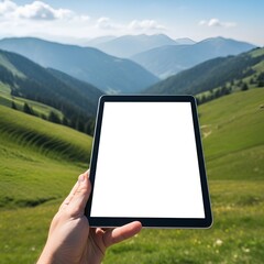 Hand holding a tablet with a blank white screen against a backdrop of rolling green mountains and a blue sky.