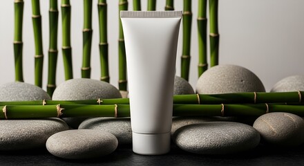 White cosmetic tube with bamboo and stones.