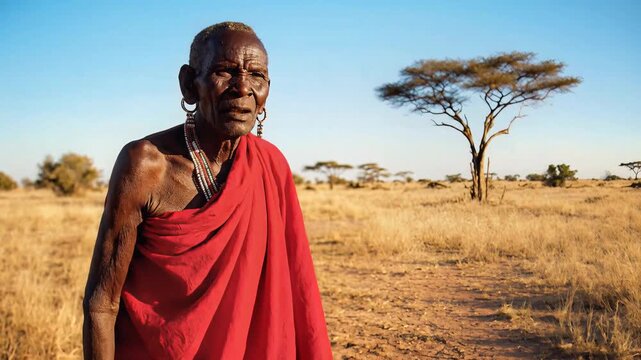 Maasai Warrior Tracking Wildlife Footprints on African Safari
