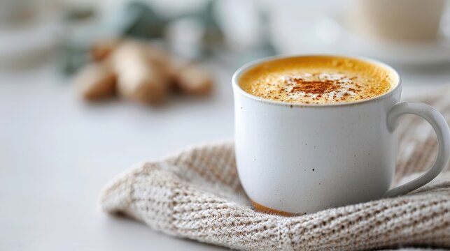 A close-up shot of a golden milk latte with turmeric, ginger, and black pepper.