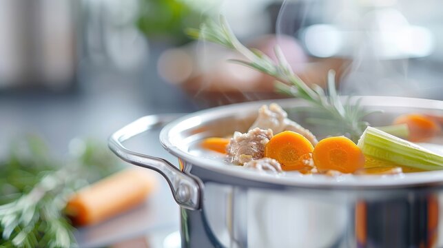 A pot of rosemary-infused chicken broth simmering with vegetables.
