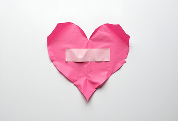 Broken heart. A crumpled pink paper heart with a bandage on white background, top view. Frustration in a relationship, ruined love, emotional wound