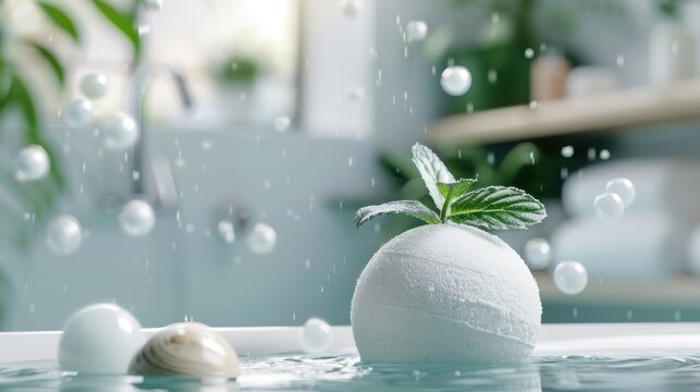 A mint-infused bath bomb fizzing and dissolving in a bathtub.